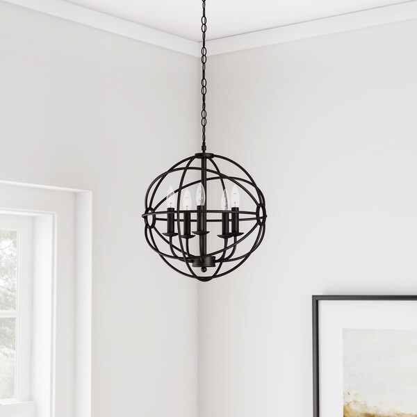Porch & Den Cherrywood Robinson 5-light Black Metal Strap Globe Chandelier