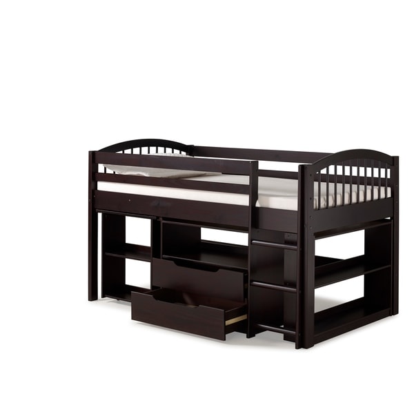 white low loft bed with storage