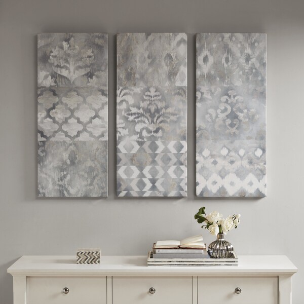 Madison Park Watercolor Ikat Taupe Natural Gel Coat Canvas (Set of 3)