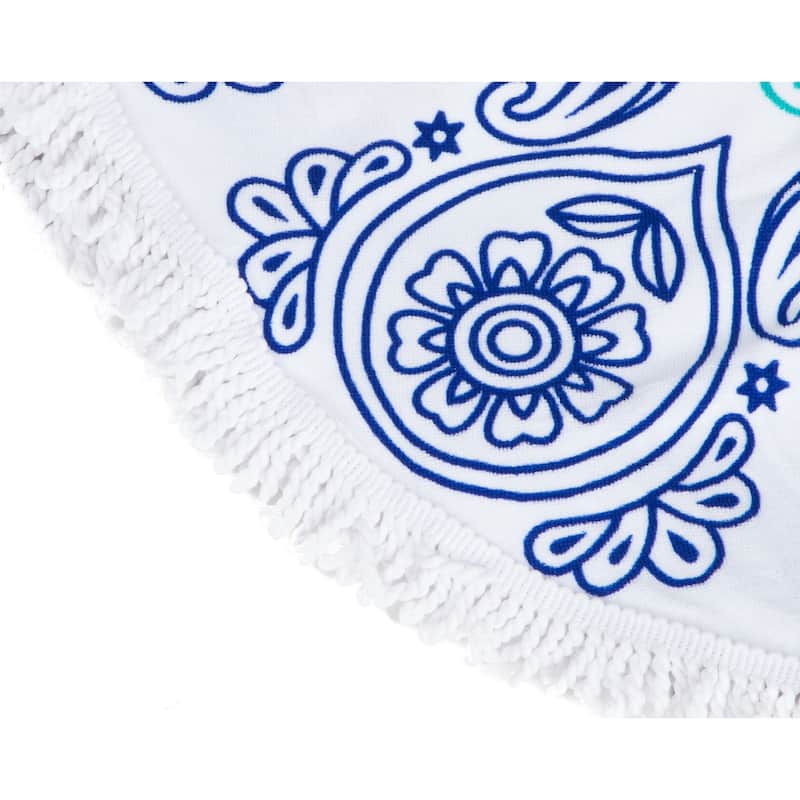 Leisureland Round Beach Towel 65"X65" Blue Paisley with Fringe