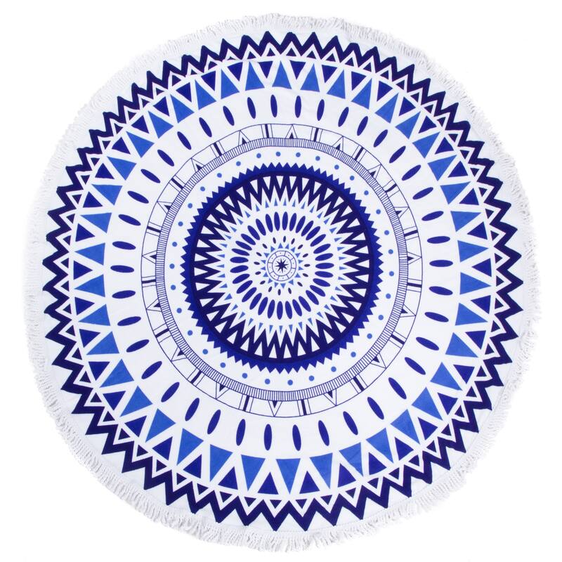 Leisureland Round Beach Towel 65"X65" Blue Abstract Print with Fringe