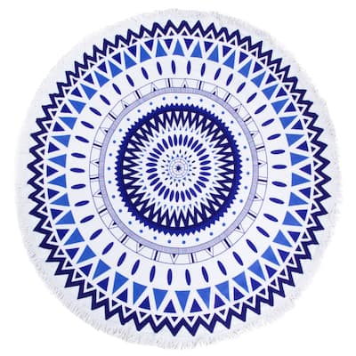 Leisureland Round Beach Towel 65"X65" Blue Abstract Print with Fringe