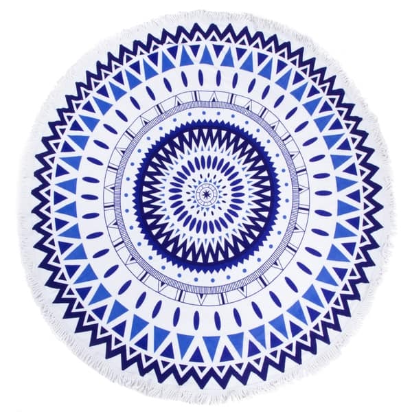 slide 2 of 2, Leisureland Round Beach Towel 65"X65" Blue Abstract Print with Fringe