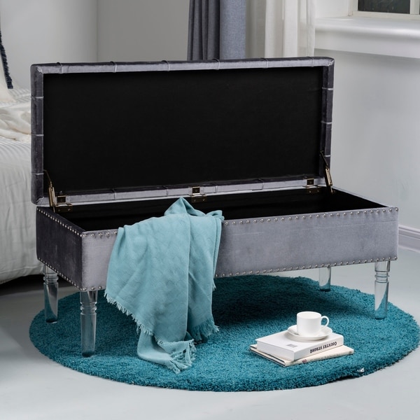 Glitzhome 44.88/'/' Acrylic Legs Padded Velvet Fabric Bench Seat Footstool Ottoman
