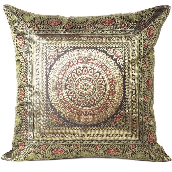 Indian Floral Cushion Cover Silk Brocade Sofa Pillow Case Square Throw Cover 16” 