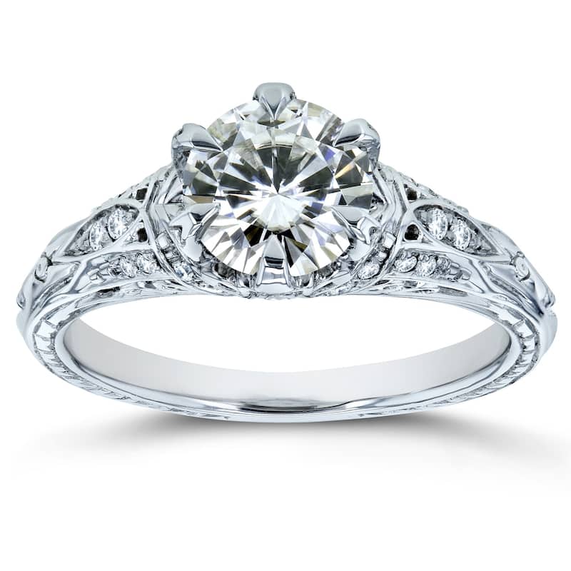 Kobelli 1.16 Carats Moissanite & Natural Diamond Accent Solid 14k White Gold 6-Prong Ornate Ring