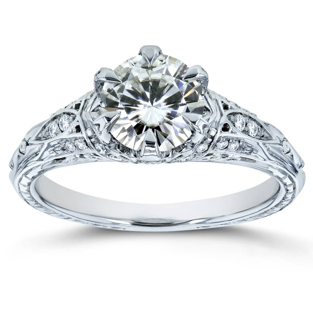 Kobelli 1.16 Carats Moissanite & Natural Diamond Accent Solid 14k White Gold 6-Prong Ornate Ring