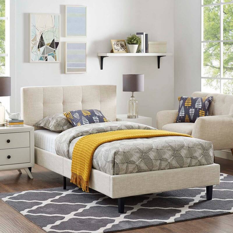 Linnea Upholstered Beige Twin Platform Bed With Wood Slat Support