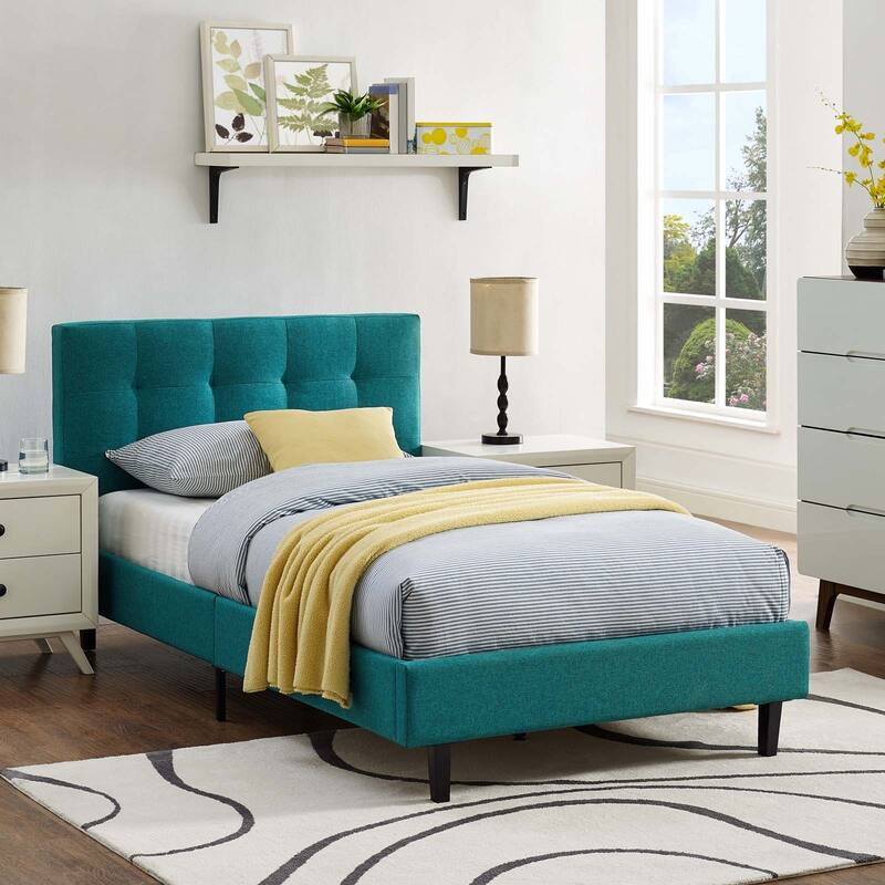 Linnea Upholstered Beige Twin Platform Bed With Wood Slat Support