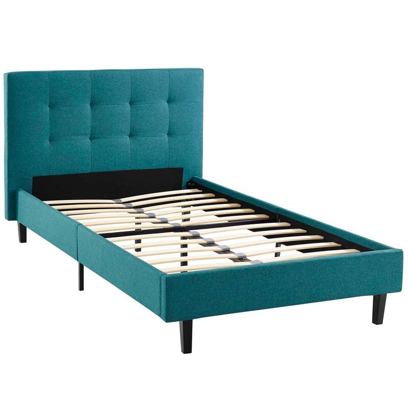 Linnea Upholstered Beige Twin Platform Bed With Wood Slat Support - Teal