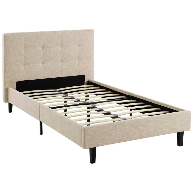 Linnea Upholstered Beige Twin Platform Bed With Wood Slat Support
