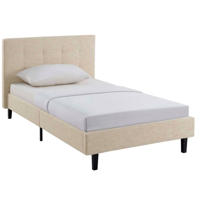 Linnea Upholstered Beige Twin Platform Bed With Wood Slat Support