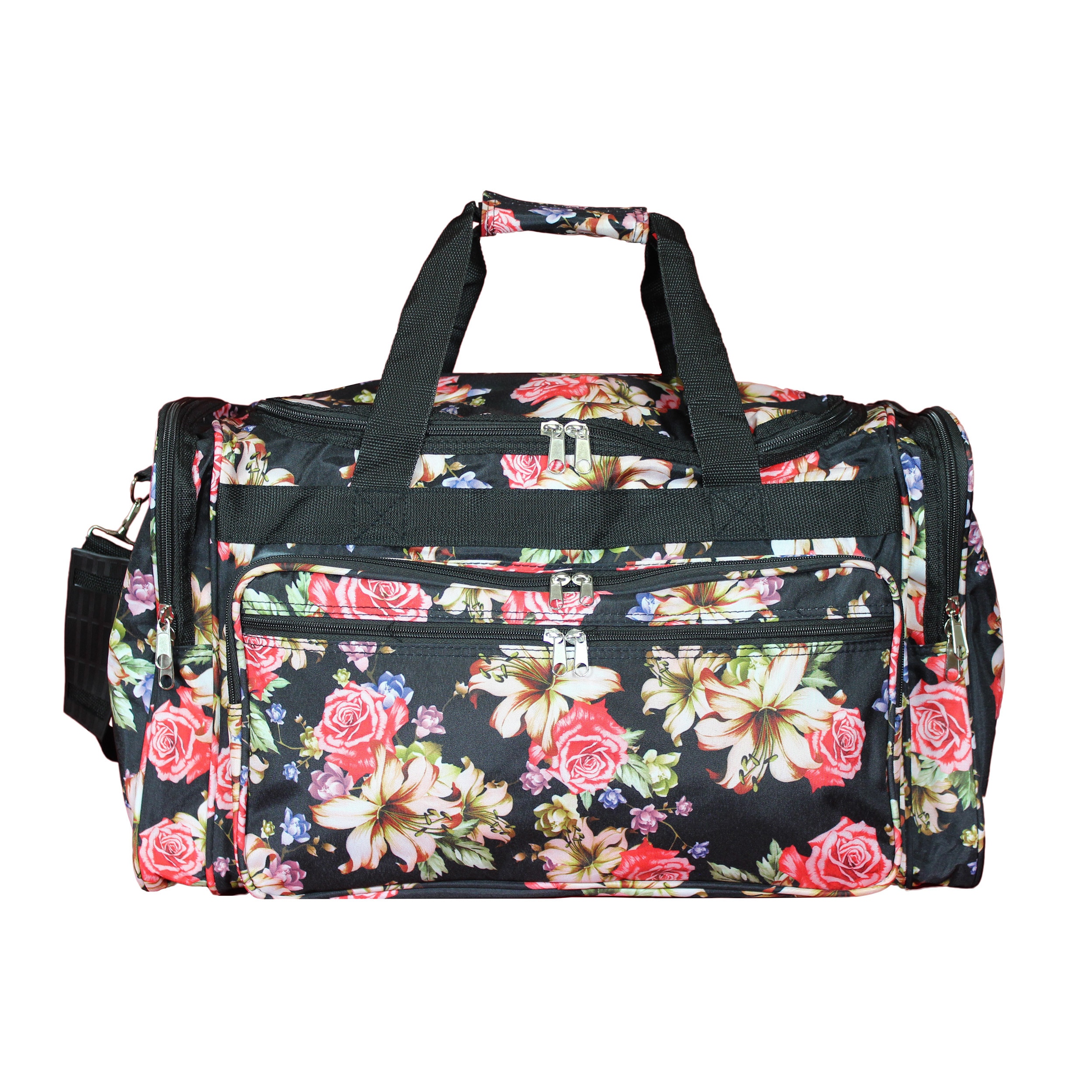 Polyester Material Pink Black Lightweight Duffel Bag Floral Pattern 21-inch