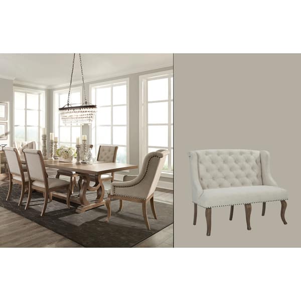 Ashleigh Cream Brown Fabric Acacia Wood 8 Piece Dining Set With Bench Overstock 19434086