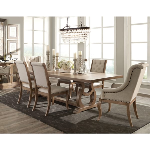 Ashleigh Cream Brown Fabric Acacia Wood 7 Piece Dining Set Overstock 19434088