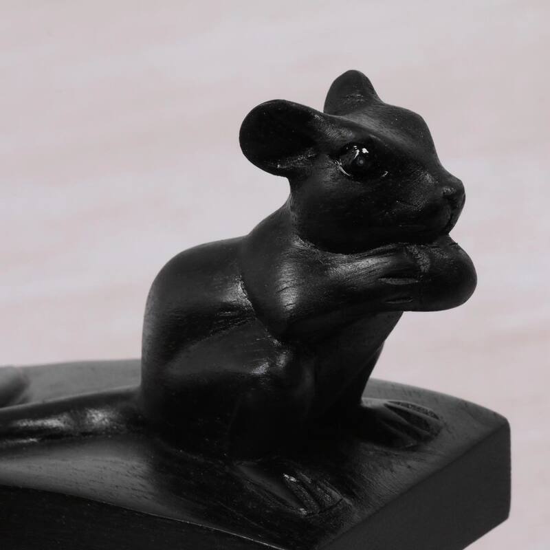 Handmade Wood Door Stopper, 'Charming Mouse In Black' (Indonesia) - 3.1" H x 5.25" W x 2.4" D