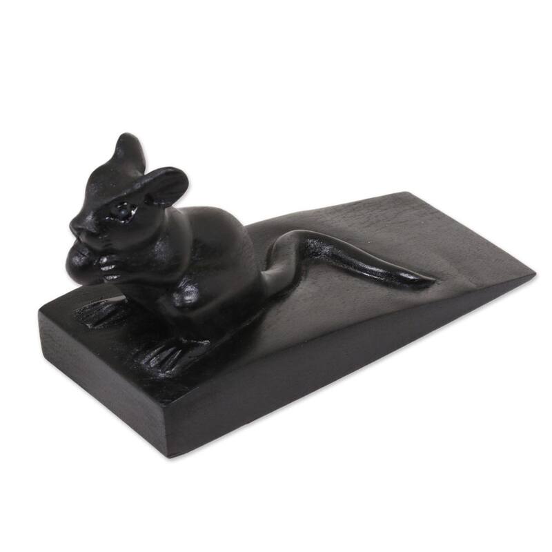 Handmade Wood Door Stopper, 'Charming Mouse In Black' (Indonesia) - 3.1" H x 5.25" W x 2.4" D