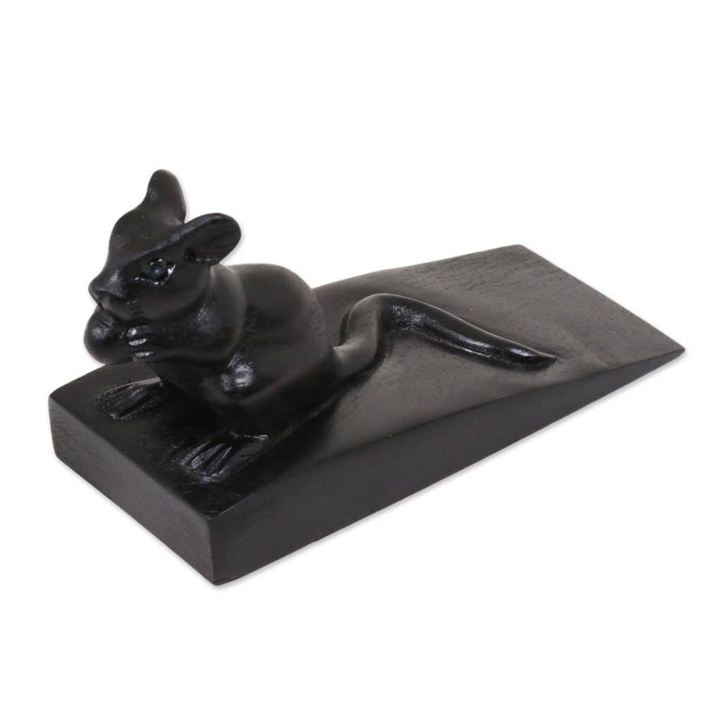 Handmade Wood Door Stopper, 'Charming Mouse In Black' (Indonesia) - 3.1" H x 5.25" W x 2.4" D