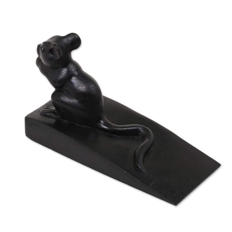 Handmade Wood Door Stopper, 'Charming Mouse In Black' (Indonesia) - 3.1" H x 5.25" W x 2.4" D