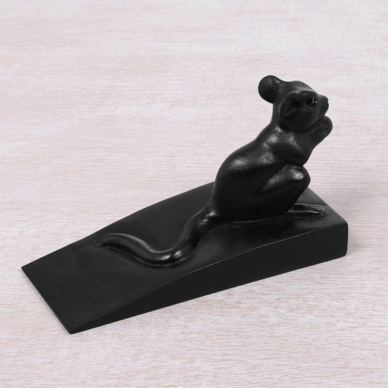 Handmade Wood Door Stopper, 'Charming Mouse In Black' (Indonesia) - 3.1" H x 5.25" W x 2.4" D