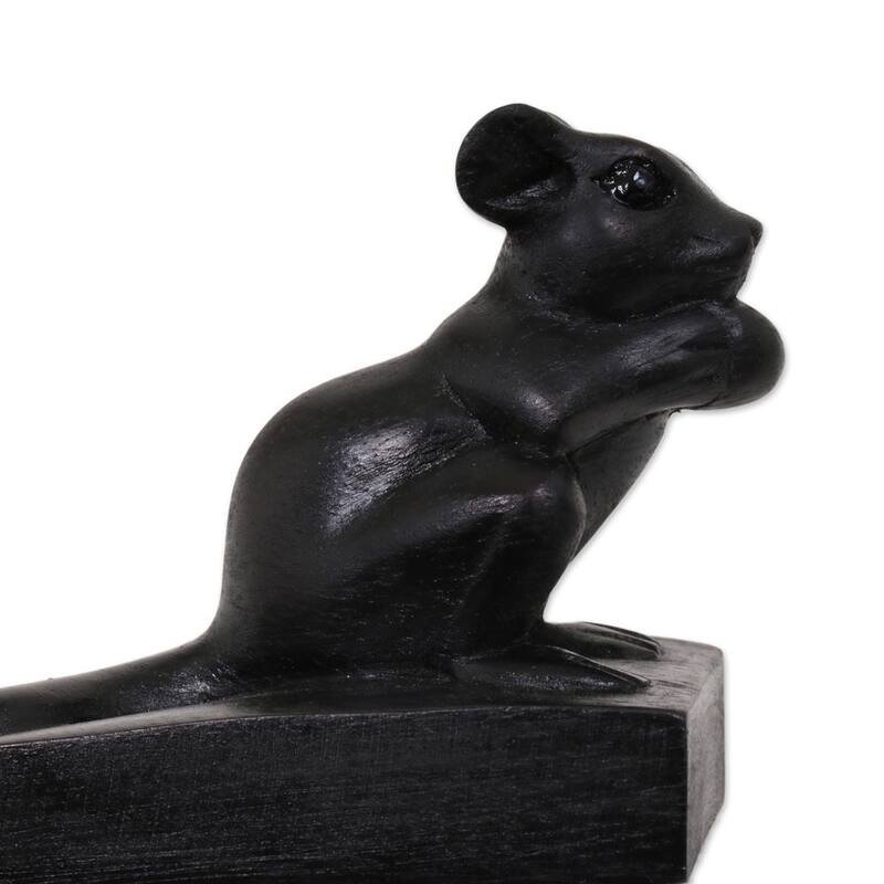 Handmade Wood Door Stopper, 'Charming Mouse In Black' (Indonesia) - 3.1" H x 5.25" W x 2.4" D