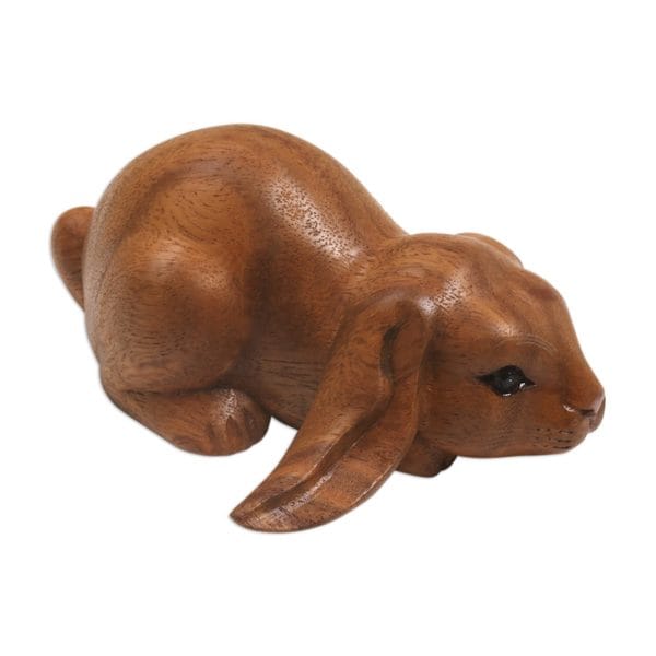 Handmade Begging Rabbit in Brown Wood Sculpture (Indonesia)