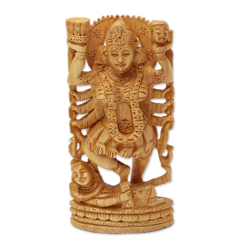 Handmade Kali Goddess Of Destruction Wood Sculpture (India) - 7.75 H x 3.9" W x 1.6 D