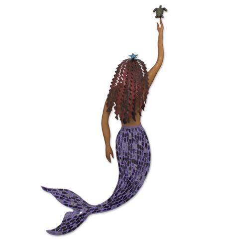 NOVICA Iron And Glass Mosaic Wall Sculpture, 'Mermaid And Turtle' (Mexico)