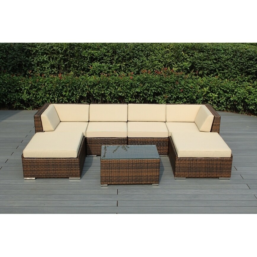 Shop Ohana Outdoor Patio 7 Piece Mixed Brown Wicker Conversation Set With Cushions Overstock 19447840