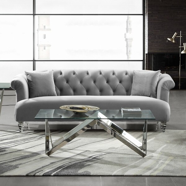 Armen Living Elegance Sofa In Grey Velvet With Acrylic Legs