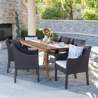Vivian Outdoor 7-Piece Rectangle Wicker Wood Dining Set with Cushions by Christopher Knight Home