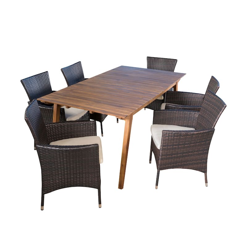 Saba Outdoor 7-Piece Rectangle Wicker Wood Dining Set with Cushions by Christopher Knight Home - Brown