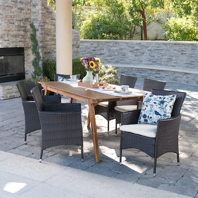 Saba Outdoor 7-Piece Rectangle Wicker Wood Dining Set with Cushions by Christopher Knight Home