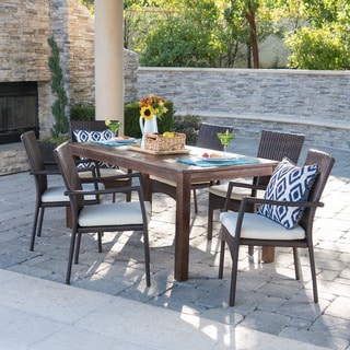 Geelong Wicker Wood Outdoor 7-piece Dining Set with Cushions by Christopher Knight Home