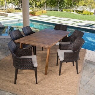 Hemlock Outdoor 7-Piece Rectangle Wicker Wood Dining Set with Cushions by Christopher Knight Home