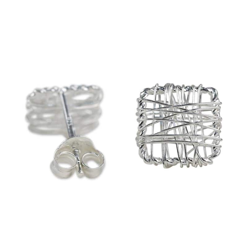 NOVICA Handmade Sterling Silver Crisscross Square Earrings (Thailand) - 0.3*0.3