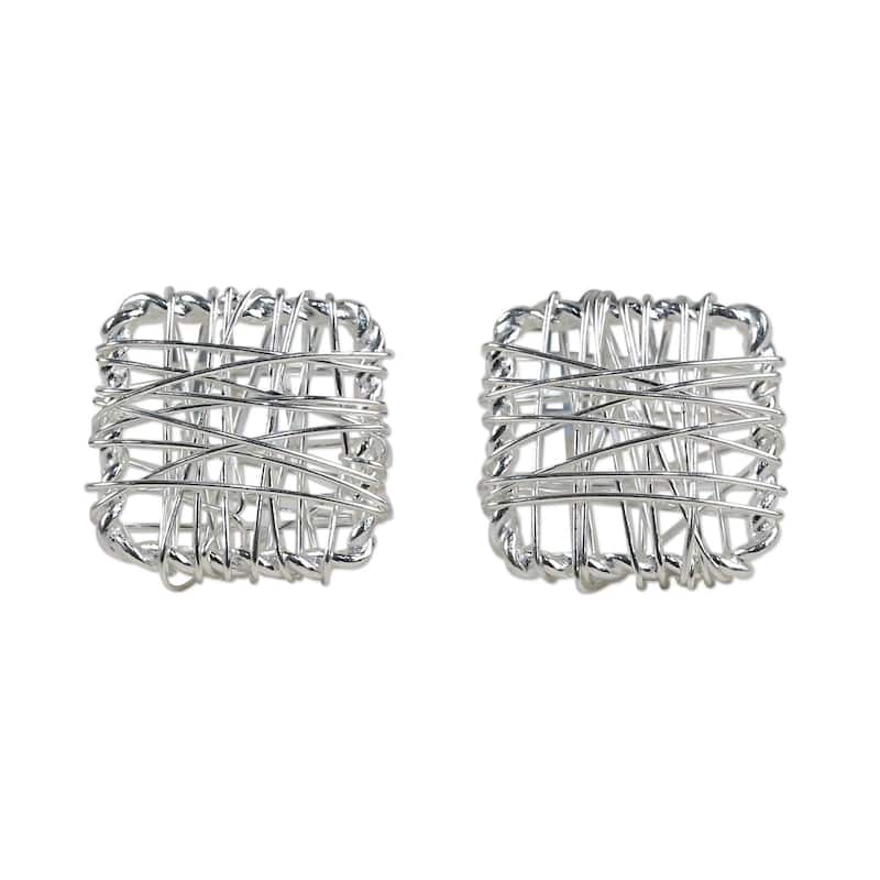 NOVICA Handmade Sterling Silver Crisscross Square Earrings (Thailand) - 0.3*0.3 - Silver - White
