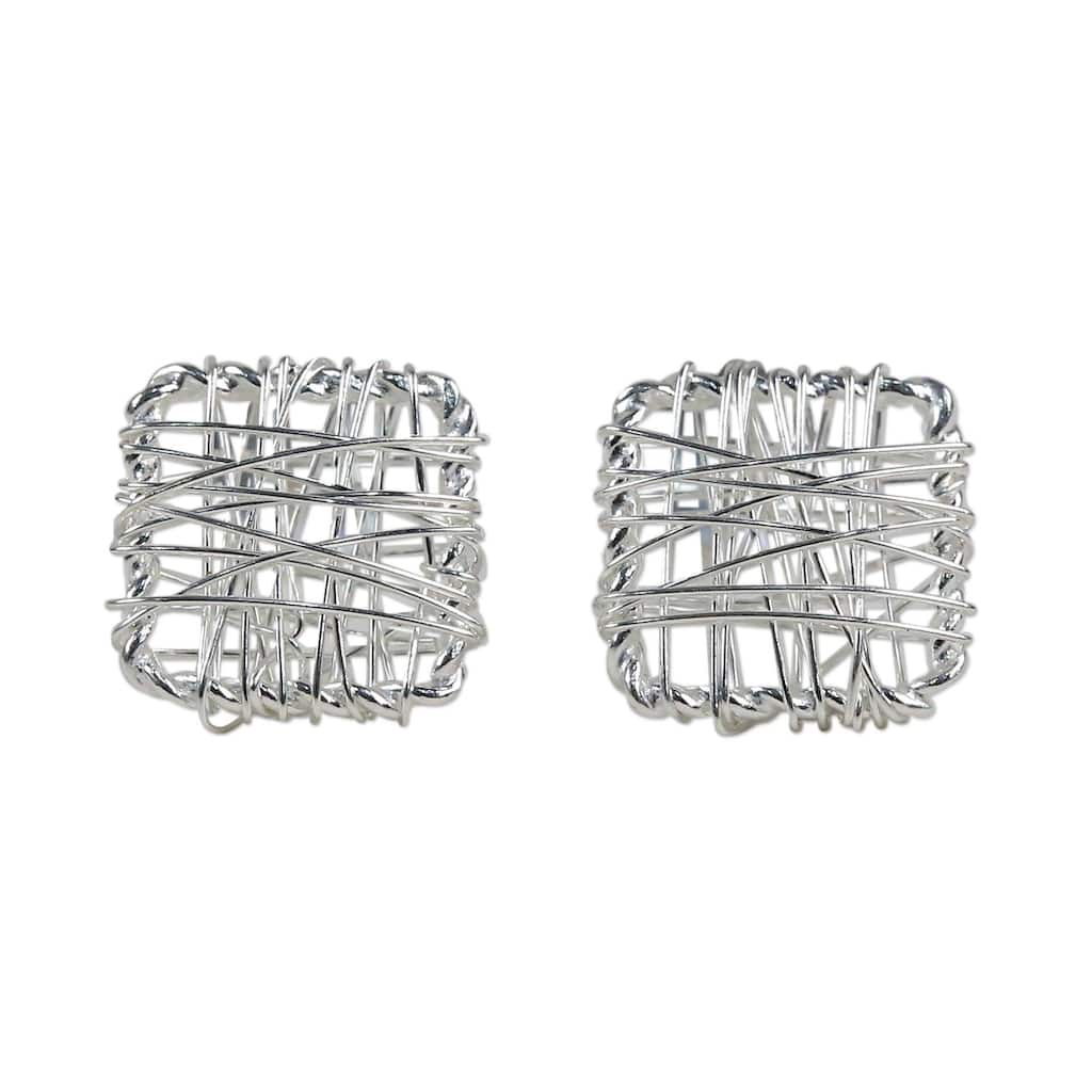 NOVICA Handmade Sterling Silver Crisscross Square Earrings (Thailand) - 0.3*0.3