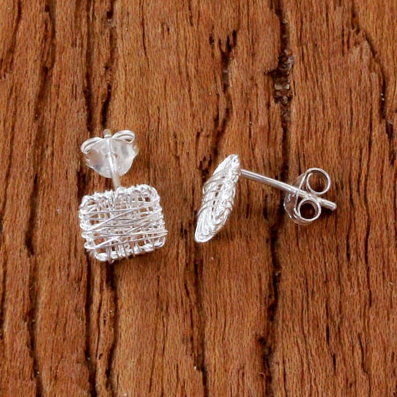 NOVICA Handmade Sterling Silver Crisscross Square Earrings (Thailand) - 0.3*0.3