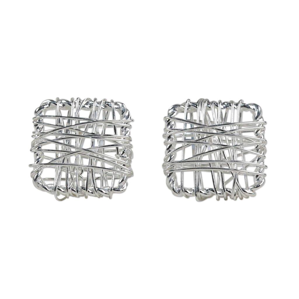 NOVICA Handmade Sterling Silver Crisscross Square Earrings (Thailand) - 0.3*0.3
