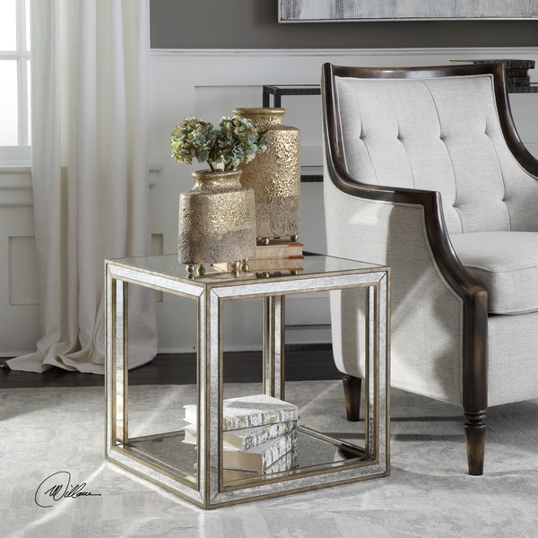 Uttermost Matty Mirrored Cube End Table in Aged Black 