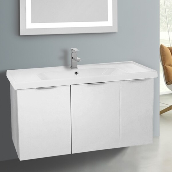 ARCOM LAM02 Wall Mounted 39 Inch Larch White Vanity Cabinet With Fitted Sink