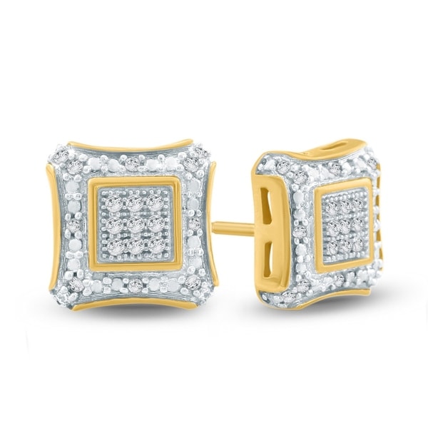 10KT White Gold Mens Round Yellow Diamond Square Kite Cluster Earrings 0.14 Cttw