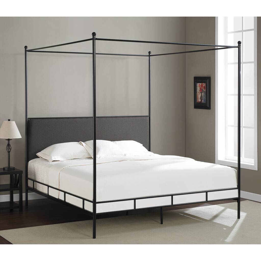 Lauren Black Metal King-size Canopy Bed with Grey Fabric Upholstered Headboard
