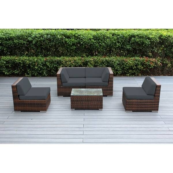 Shop Ohana Outdoor Patio 5 Piece Mixed Brown Wicker Conversation Set With Cushions Overstock 19459063