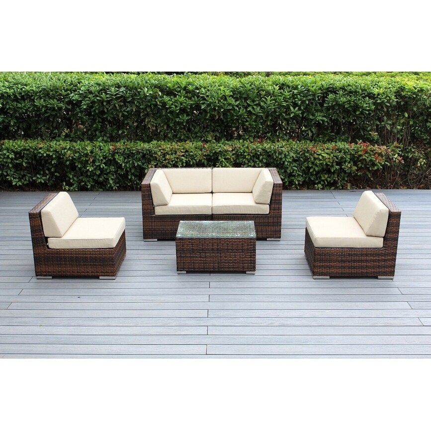 Shop Ohana Outdoor Patio 5 Piece Mixed Brown Wicker Conversation Set With Cushions Overstock 19459063