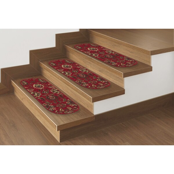 Ottomanson Ottohome Collection Red Floral Oval Stair Tread - 8 Inch x 28 Inch