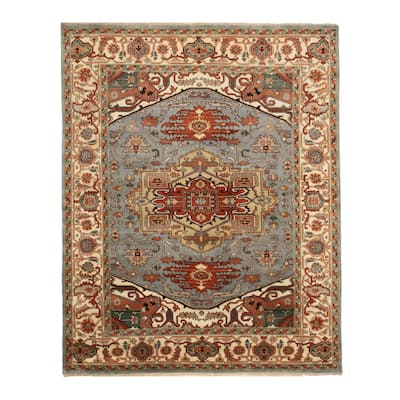 Hand-knotted Wool Blue Traditional Geometric Searpi Rug - 9' x 12'