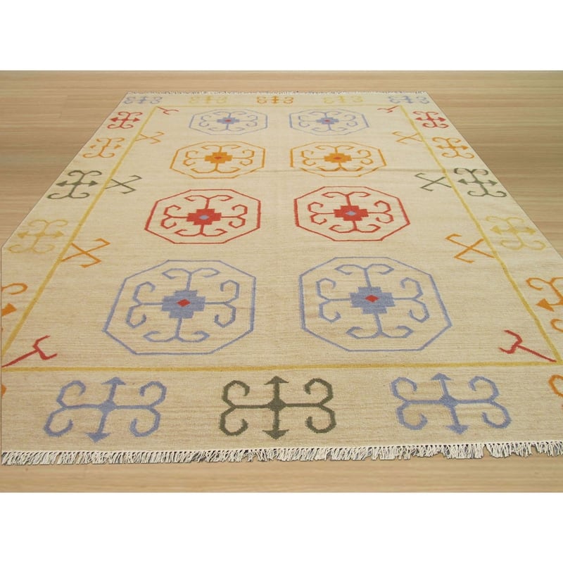 Handmade Wool Beige Traditional Oriental Reversible Suzani Kilim Rug - 9' x 12'