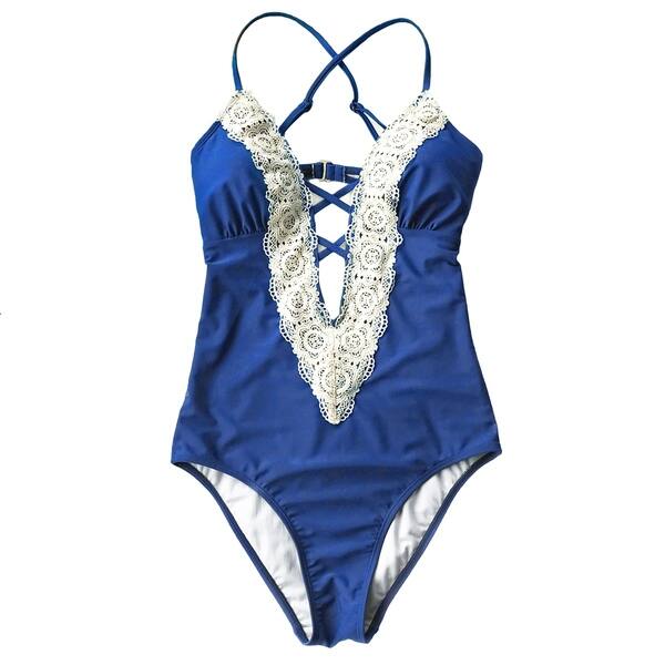 Shop Cupshe Women S Solid Color Vintage Lace Hem Deep V Neck One Piece Swimsuit Padded Swimwear Bathing Suit Overstock 19471483